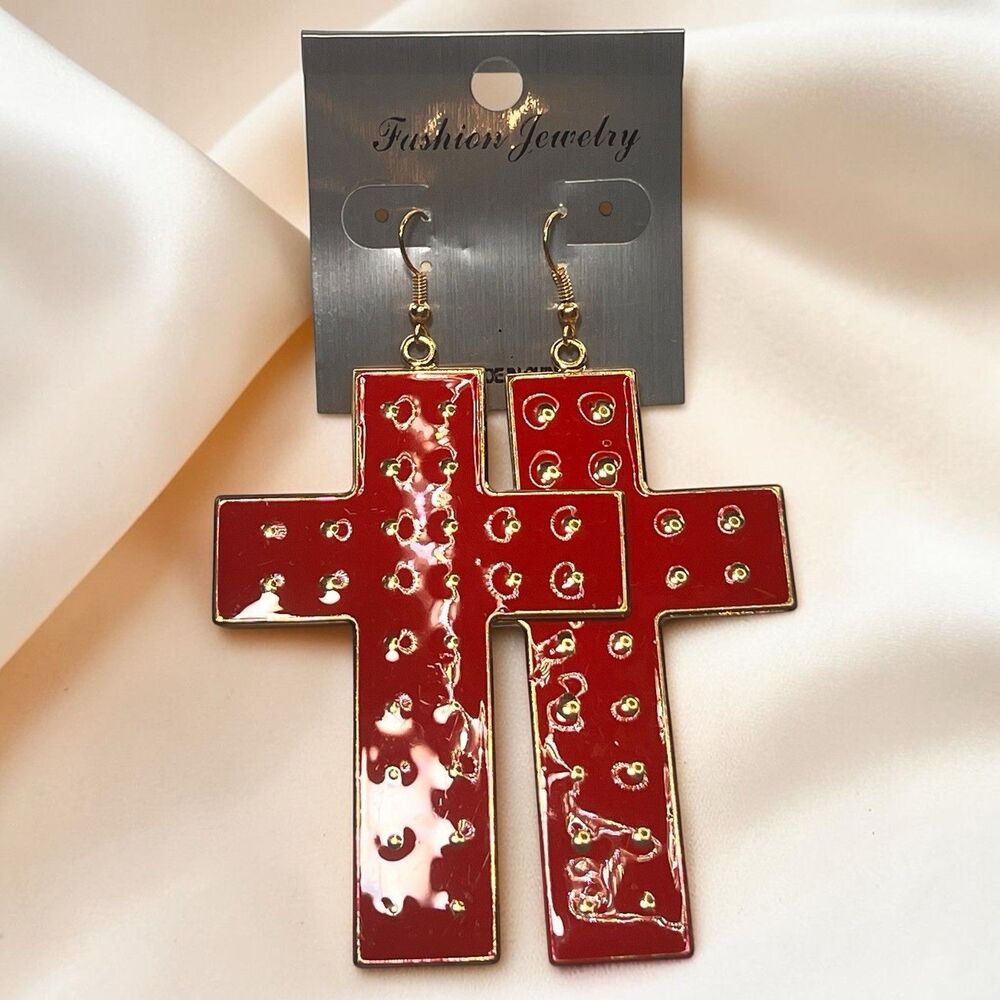 Cross Dangle Drop Earrings Religious Faith Cross Golden Toned Metal Red Women
